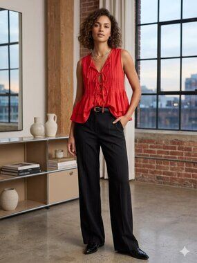 Velvet Moon Women Size Large Red Sleeveless Tie Front Pleated Pullover Crop Top